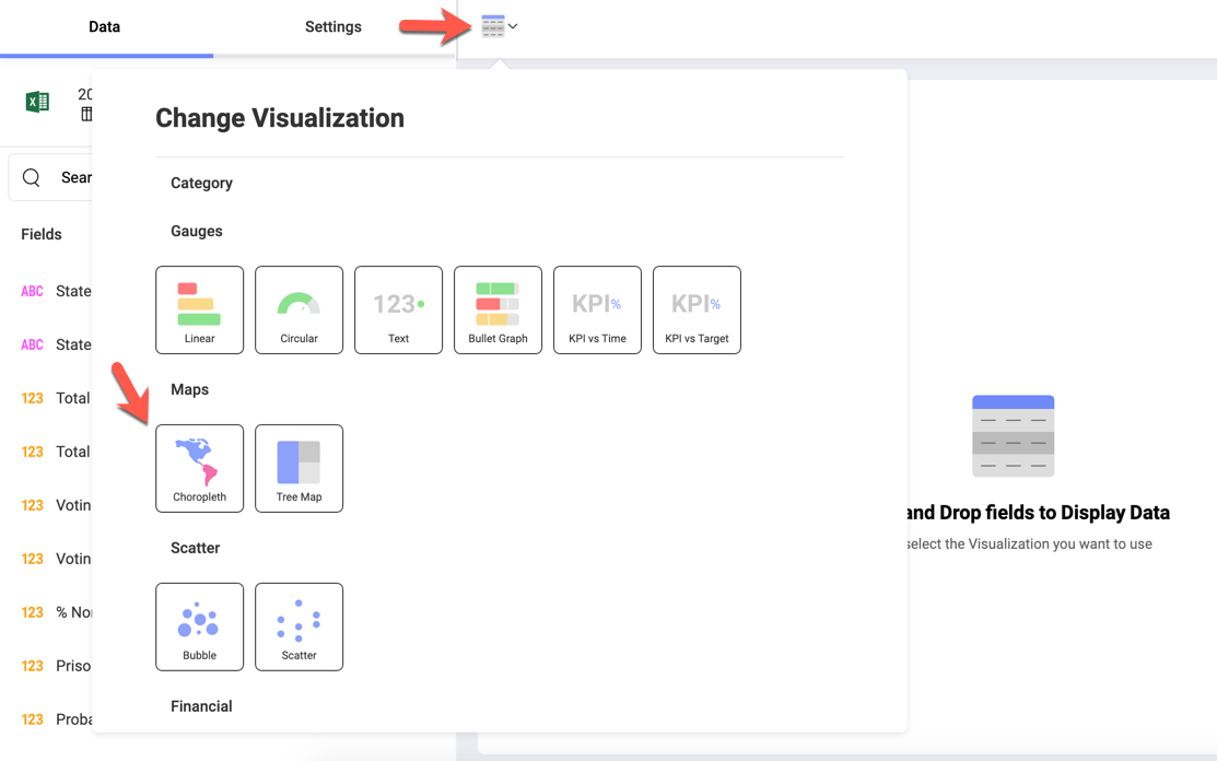 Select choropleth map visualization from the Change Visualization menu in the Visualization editor